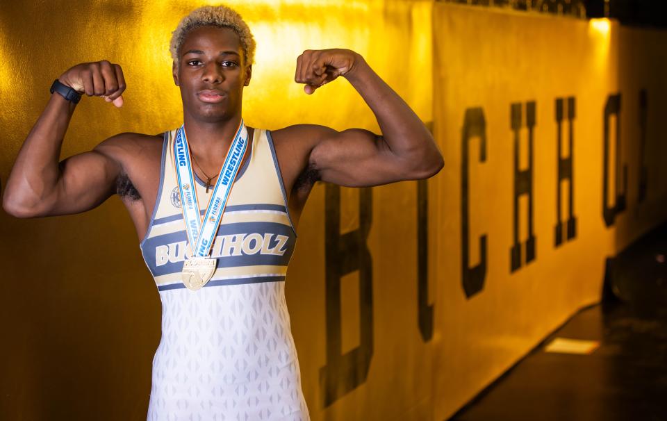 Buchholz High School’s Cavarius Liddle is this year’s Gainesville Sun Wrestler of the Year. He is a back to back state champion in wrestling. More recently he took first in the 144 lbs. weight class in 3A and defeated Tyree Graham of South Dade. [Doug Engle/Ocala Star Banner]2024