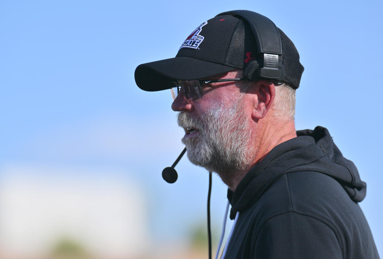 LAS CRUCES, NEW MEXICO - AUGUST 26: Head coach Jerry Kill of the New Mexico State Aggies looks on during a timeout in the first half of their game against the Massachusetts Minutemen at Aggie Memorial Stadium on August 26, 2023 in Las Cruces, New Mexico. (Photo by Sam Wasson/Getty Images)