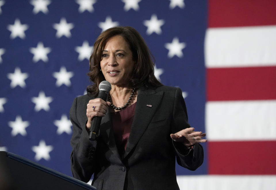 Vice President Kamala Harris speaks during a campaign rally in support of the statewide Massachusetts Democratic ticket, Wednesday, Nov. 2, 2022, in Boston. (AP Photo/Mary Schwalm)