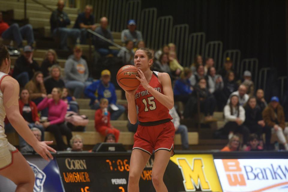 Vermillion senior forward Leah Herbster readies for a shot against Wagner at the Hanson girls basketball Classic Saturday, Jan. 14 in the Corn Palace.