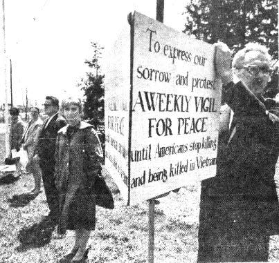 This photo, which appeared in The (Bergen County) Record on May 15, 1967, shows William Stafford holding a sign as he and others participate in a weekly “Vigil for Peace” that took place during the Vietnam War along Route 59 near Middletown Road.
