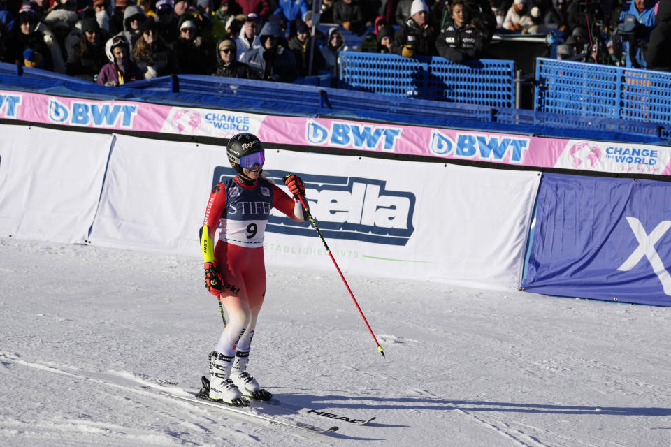 Switzerland's Lara Gut-Behrami reacts after her second run in a World Cup giant slalom skiing race Saturday, Nov. 26, 2022, in Killington, Vt. (AP Photo/Robert F. Bukaty)