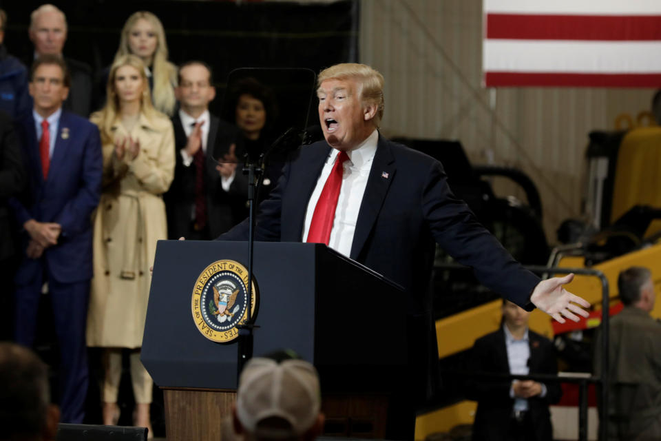 U.S. President Donald Trump delivers remarks on the Infrastructure Initiative at the Local 18 Richfield Training Site in Richfield, Ohio, U.S., March 29, 2018. REUTERS/Yuri Gripas