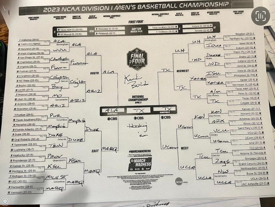 American-Statesman columnist Kirk Bohls' 2023 NCAA Tournament bracket. He's got Alabama, Marquette, Texas and Connecticut in his Final Four, with the Longhorns winning the whole thing. "And why not Texas to win it all?" he wrote.