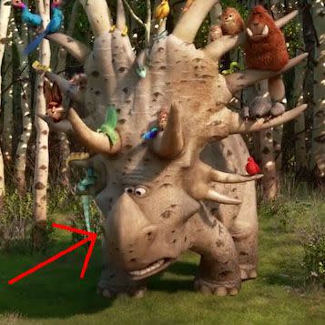 <p>In <em>The Good Dinosaur</em>, Arlo also comes across a statuesque styracosaurus named Forrest Woodbush. If Forrest looks familiar, it's because <a href="https://www.slashfilm.com/inside-out-good-dinosaur-easter-egg/" rel="nofollow noopener" target="_blank" data-ylk="slk:he resembles a roadside dinosaur attraction Riley's family stopped at;elm:context_link;itc:0;sec:content-canvas" class="link ">he resembles a roadside dinosaur attraction Riley's family stopped at</a> and photographed, as seen in one of Riley's memories in <em>Inside Out</em>.  </p>