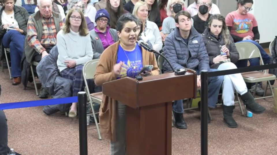 Anusha Viswanathan chastises board members in the Central Bucks School District during public comment Feb. 7. The board has passed a series of controversial policies that led to continued complaints it is fostering anti-LGBTQ sentiments in schools.