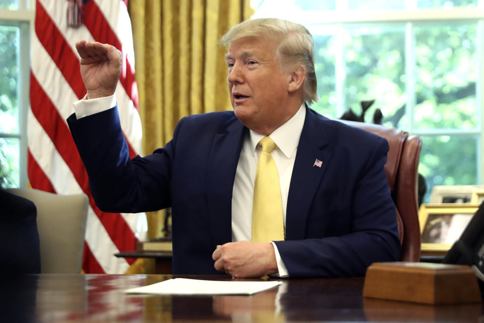 President Donald Trump speaks as he meets with Chinese Vice Premier Liu He in the Oval Office of the White House in Washington, Friday, Oct. 11, 2019. (AP Photo/Andrew Harnik)