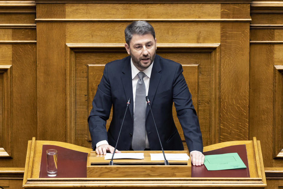 PASOK-Movement for Change (KINAL) leader, Nikos Androulakis, addresses lawmakers during a parliament session in Athens, Greece, Saturday, July 8, 2023. The newly elected Greek government seeks a vote of confidence from the parliament, following a three-day debate. (AP Photo/Yorgos Karahalis)
