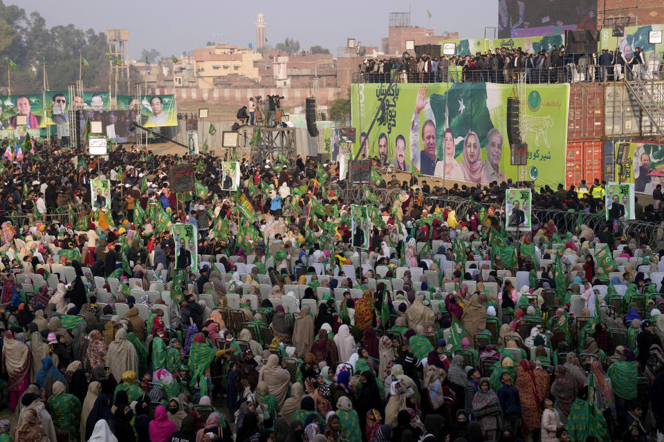 Supporters of Pakistan's former Prime Minister Nawaz Sharif attend an election campaign rally in Hafizabad, Pakistan, Thursday, Jan. 18, 2024. (AP Photo/K.M. Chaudary)