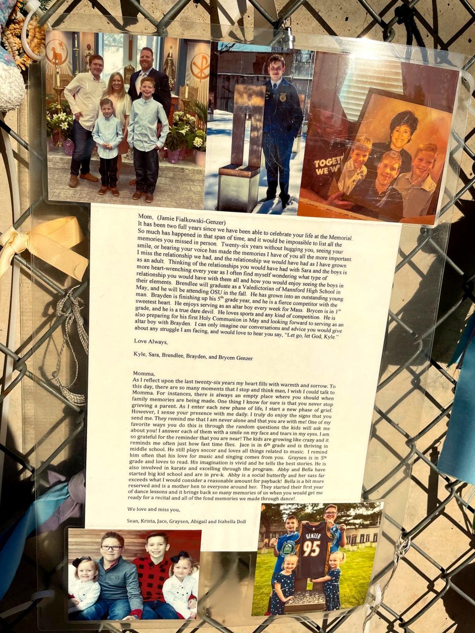  One of three â€œlove lettersâ€ attached to the fence at the Oklahoma City National Memorial & Museum by Kyle Genzer and his sister, Krista Doll. Their mother, 32-year old Jamie Genzer, was killed in the 1995 bombing of the Alfred P. Murrah Federal Building.  