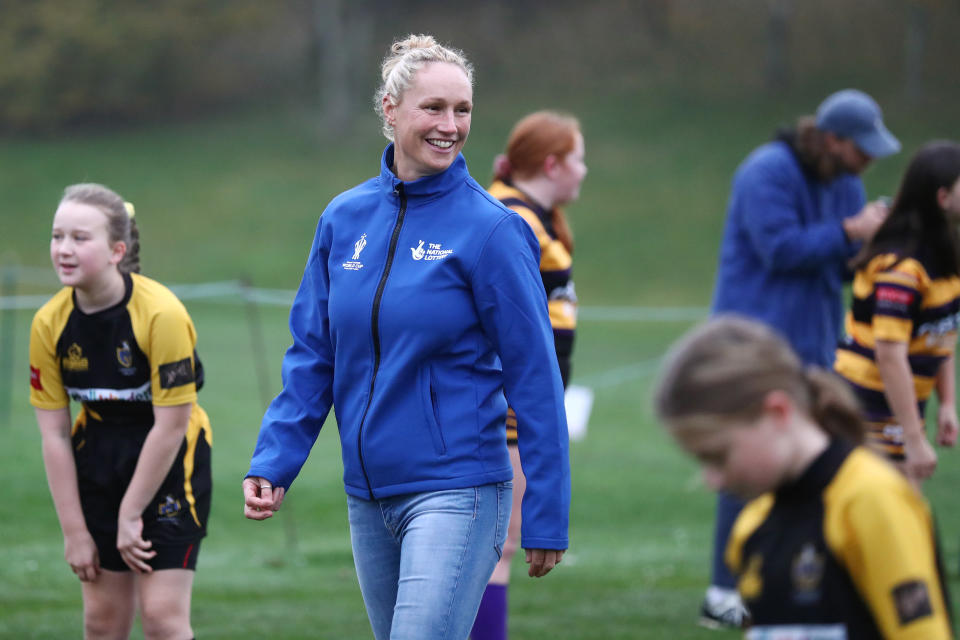 Women's Rugby League legends Rebecca Stevens and Jane Banks join children from Haydock ARLFC on the morning of the women's semi-finals to celebrate National Lottery support to rugby league at Haydock ARLFC on November 14, 2022 in St Helens, England. (Photo by George Wood/Getty Images for The National Lottery)