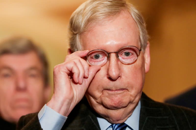 FILE PHOTO: Senate Republicans face reporters following weekly Republican policy lunch on Capitol Hill in Washington