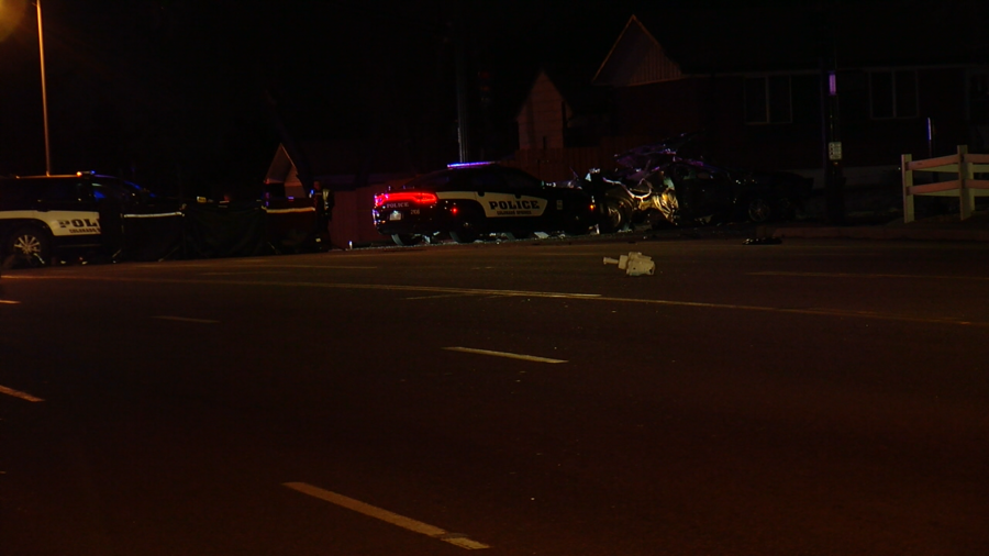 A shot of a police car and a crashed vehicle at Circle Dr and Bijou St