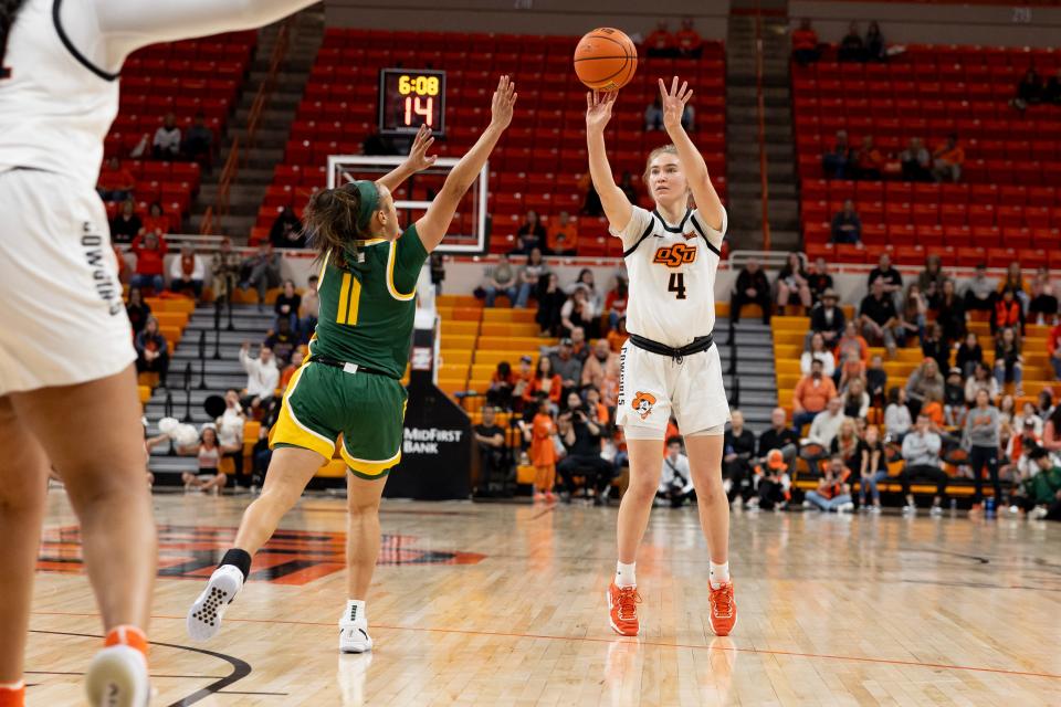 Oklahoma State guard Anna Gret Asi launches a 3-point shot over Baylor guard Jada Walker during their Jan. 28 game in Stillwater.
