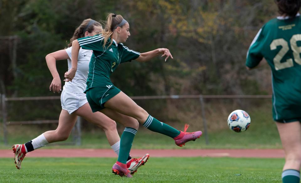 Brick Memorial Lexi Caruso score one of her team's four fisr half goals.  Brick Memorial Girls Soccer defeats Middletown North in opening round of State Playoffs in Brick, NJ on November 3, 2021. 