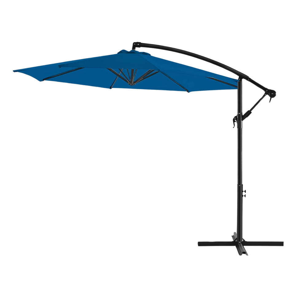 A blue cantilever patio umbrella