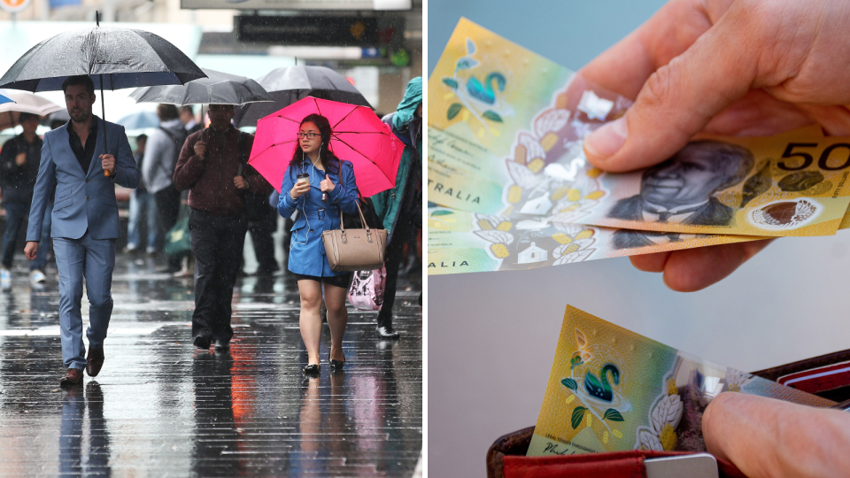 People walking in the rain and Australian money. Cost of living and gambling concept.
