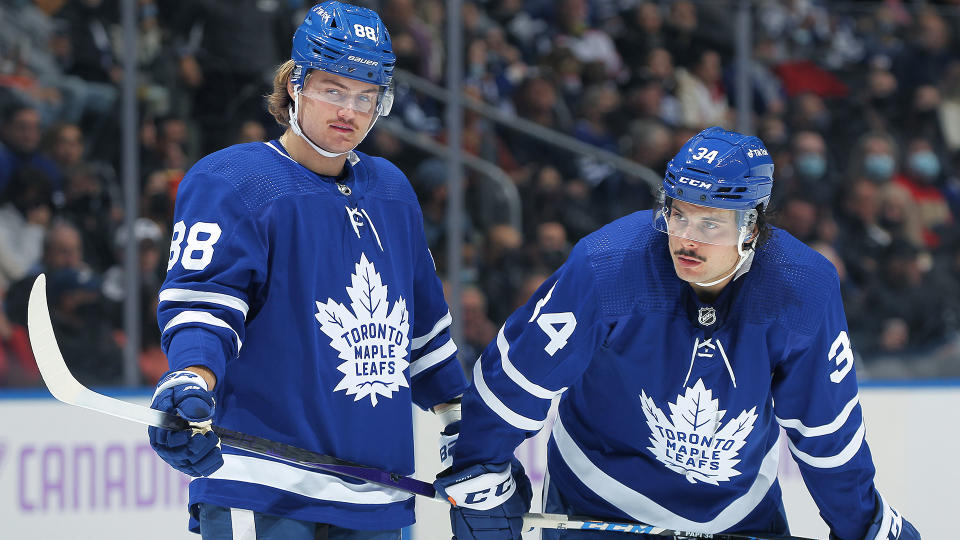 Auston Matthews (right) has a new partner, while William Nylander finds himself on the Maple Leafs' third line. (Photo by Claus Andersen/Getty Images)