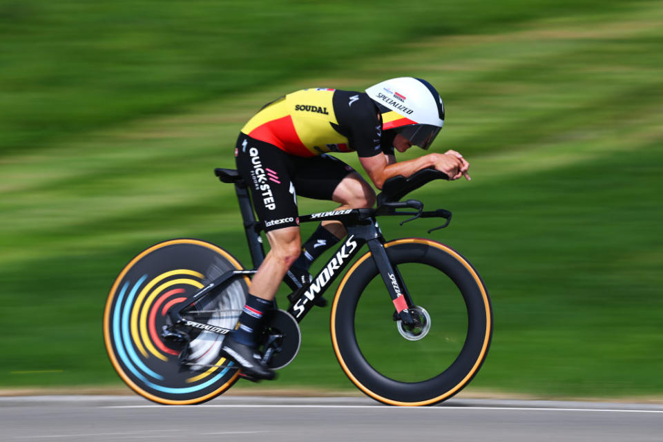ABTWILL SWITZERLAND  JUNE 18 Remco Evenepoel of Belgium and Team Soudal QuickStep sprints during the 86th Tour de Suisse 2023 Stage 8 a 257km individual time trial from St Gallen to Abtwil  UCIWT  on June 18 2023 in Abtwil Switzerland Photo by Dario BelingheriGetty Images