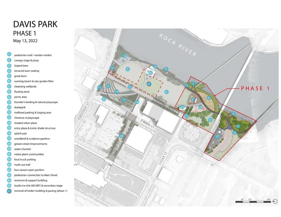 Rockford officials are considering a more than $6 million first phase of a multiyear master plan to transform Davis Park from an underutilized facility into the city's central gathering and entertainment hub.