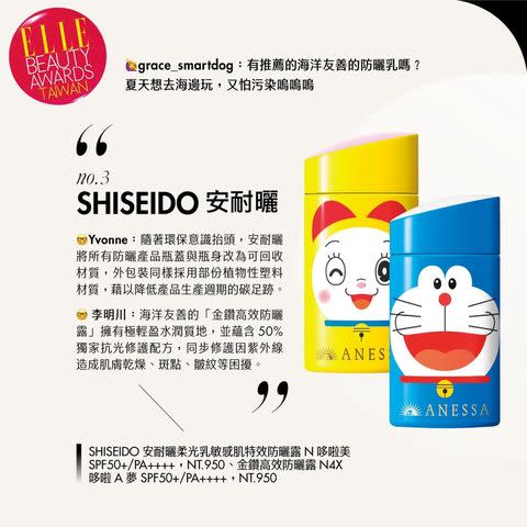 SHISEIDO 資生堂 安耐曬柔光乳敏感肌特效防曬露N哆啦美SPF50+/PA++++，NT.950、金鑽高效防曬露N 4X哆啦A夢SPF50+/PA++++，NT.950  PHOTO CREDIT: Getty Images,各品牌