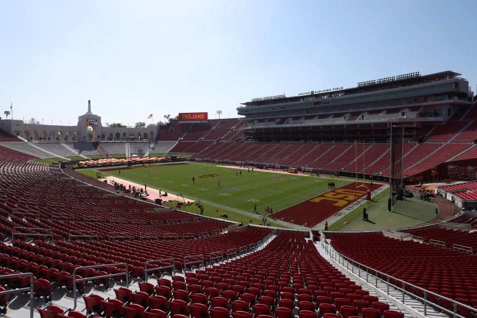 Apr 15, 2023; Los Angeles, CA, USA; A general view of the Los Angeles Memorial Coliseum before the USC Trojans Spring Game . Mandatory Credit: Kiyoshi Mio-USA TODAY Sports