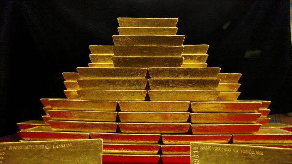 A pile of gold bars is seen in this picture illustration taken at the Czech National Bank in Prague