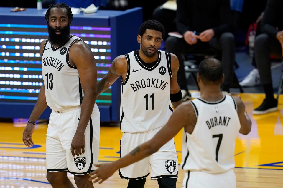 The Nets' All-Star trio of Kevin Durant, Kyrie Irving (11) and James Harden have only played seven games together this season.