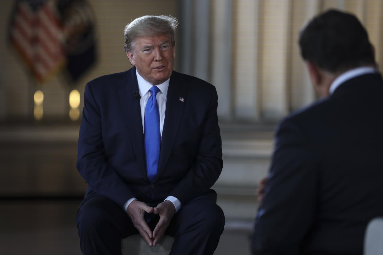WASHINGTON, DC - MAY 03: President Donald Trump speaks with news anchor Bret Baier during a Virtual Town Hall inside of the Lincoln Memorial on May 3, 2020 in Washington, DC. (Photo by Oliver Contreras-Pool/Getty Images)