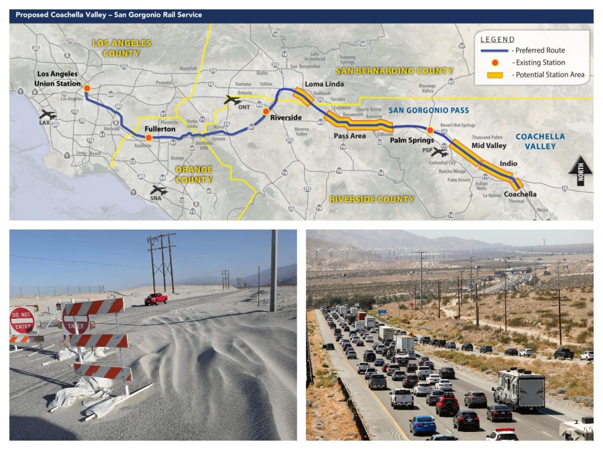 A proposed sales tax hike could fund projects including, clockwise from top, rail service between the Coachella Valley and Los Angeles; toll lanes to reduce Interstate 10 congestion; and bridges to reduce closures on Indian Canyon Drive.