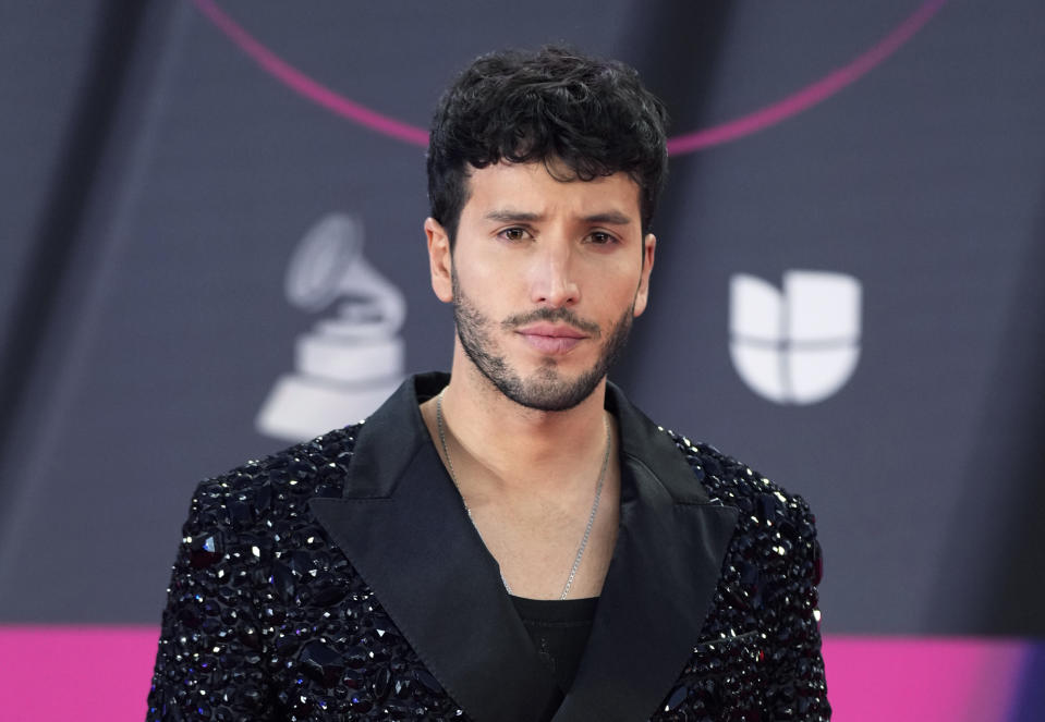 FILE - Sebastian Yatra arrives at the 23rd annual Latin Grammy Awards on Nov. 17, 2022, in Las Vegas. Yatra teamed up with Carlos Alcaraz for a tennis doubles match against Frances Tiafoe and Miami Heat's Jimmy Butler at a charity event Wednesday, Aug. 23. (AP Photo/John Locher, File)