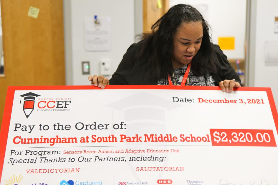 Tiffany Montez, a teacher at Cunningham Middle School at South Park, thanked the Corpus Christi Education Foundation for her grant Friday, Dec. 3, 2021. She will use the money for a sensory room to help her autistic students have a safe place to refocus.