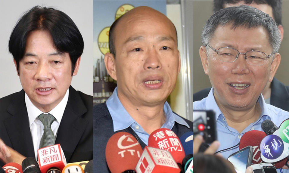 台灣民意基金會今（21）日公布2020總統大選最新民調，前行政院長賴清德以33％支持率，小贏高雄市長韓國瑜的31％與台北市長柯文哲的28％。（圖片來源：中央社）