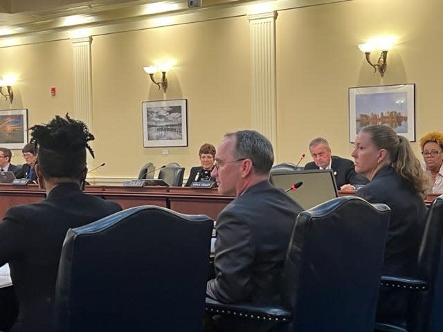 Del. Regina T. Boyce, D-Baltimore City, at left, answers a question from Del. Terry Baker, R-Allegany/Washington, third from right, about the dirt bike legislation she co-sponsored that had a hearing March 3, 2022 in Annapolis.