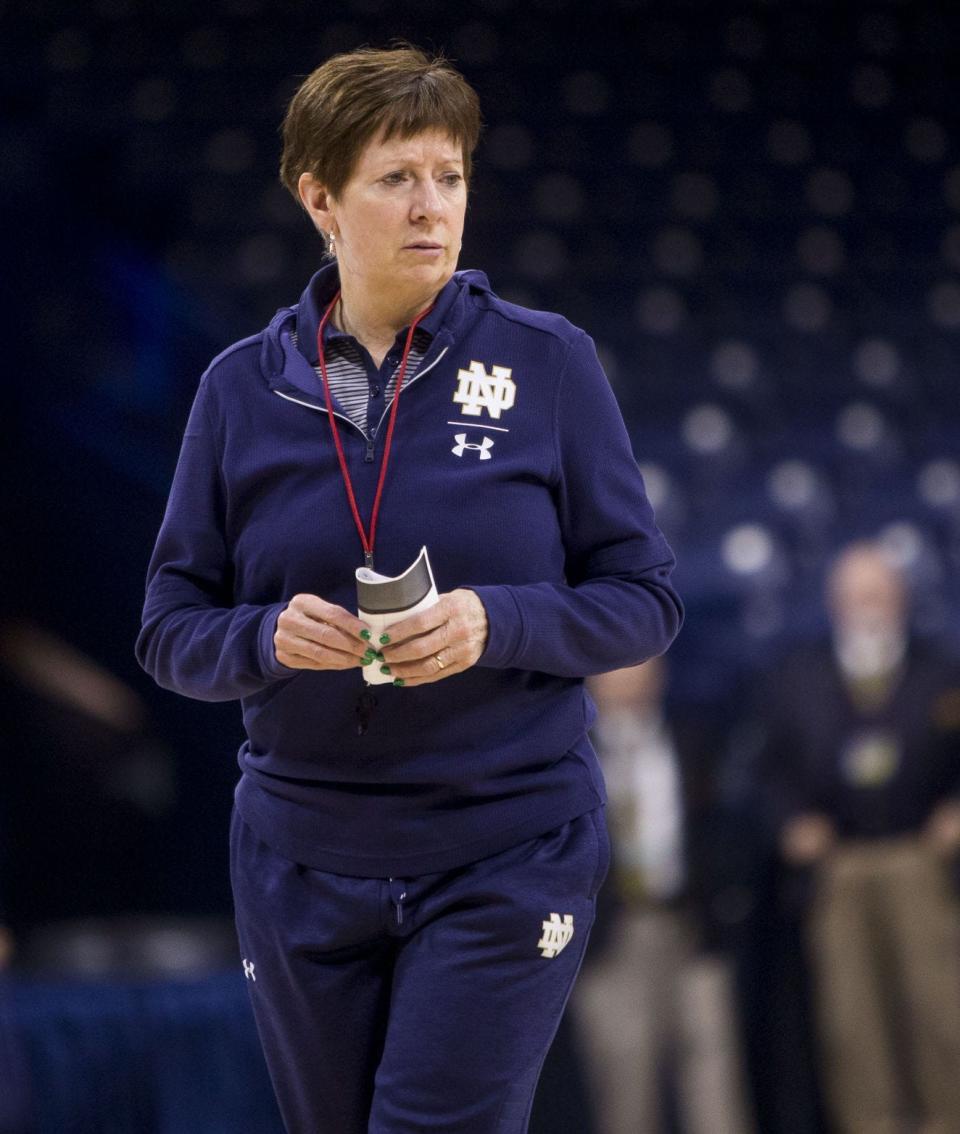 Notre Dame head coach Muffet McGraw watches her team practice last month in South Bend.