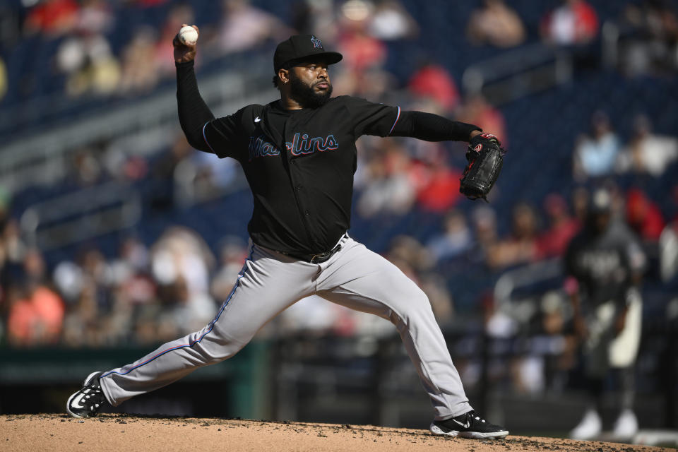 Miami Marlins starting pitcher Johnny Cueto throws during the second inning of a baseball game against the Washington Nationals, Saturday, Sept. 2, 2023, in Washington. (AP Photo/Nick Wass)