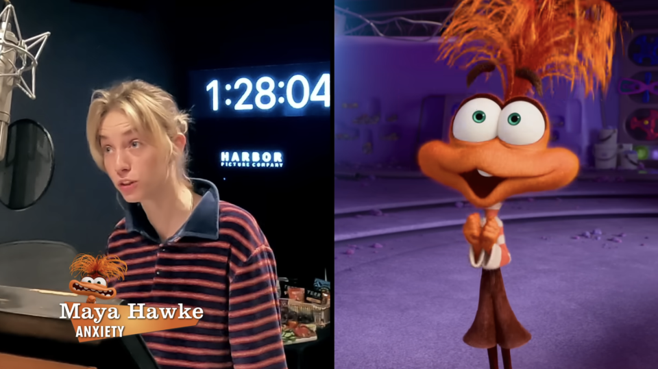 Maya Hawke in a recording studio, with a side-by-side image of the animated character Anxiety that she voices