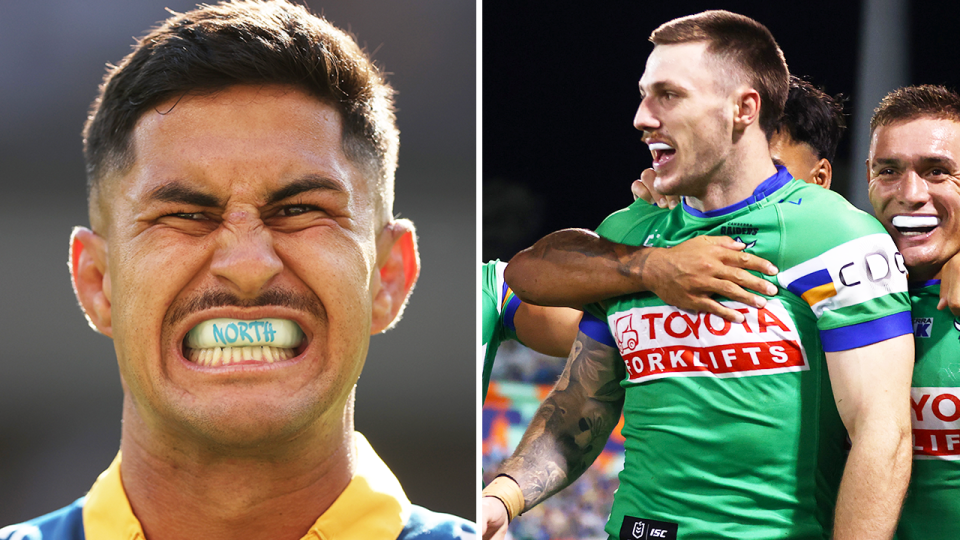 NRL fans have been left fuming as Eels player Dylan Brown (pictured left) was awarded one Dally M point after a lacklustre display as the Raiders dismantled his team 41-8. (Getty Images)