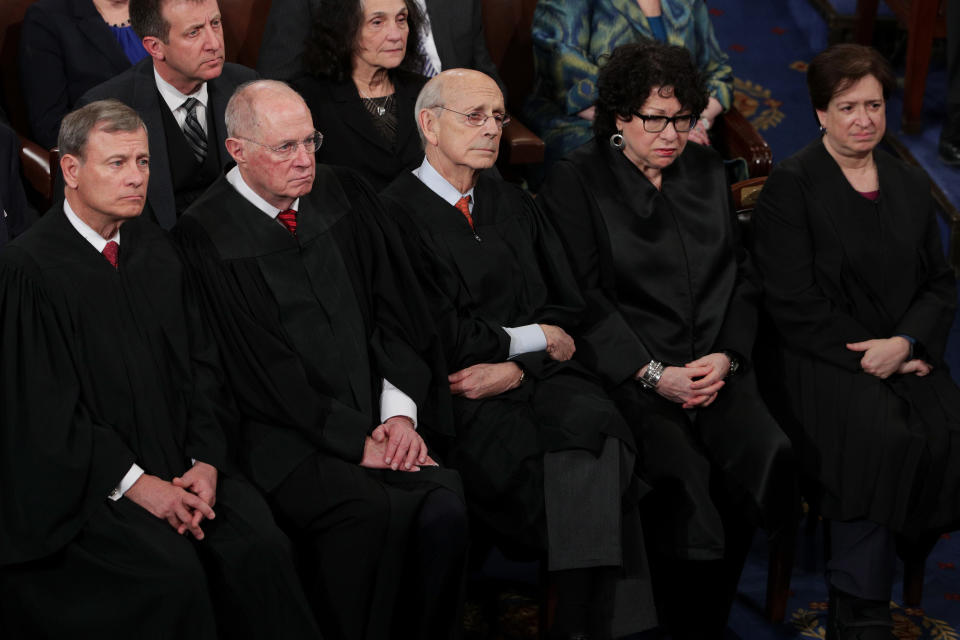 Supreme Court Chief Justice John Roberts, Supreme Court Associate Justice Anthony Kennedy, Supreme Court Associate Justice Stephen Breyer, Supreme Court Associate Justice Sonia Sotomayor and Supreme Court Associate Justice Elena Kagan look on as U.S. President Donald Trump addresses a joint session of the U.S. Congress on February 28, 2017 in the House chamber of the U.S. Capitol in Washington, DC.&nbsp;