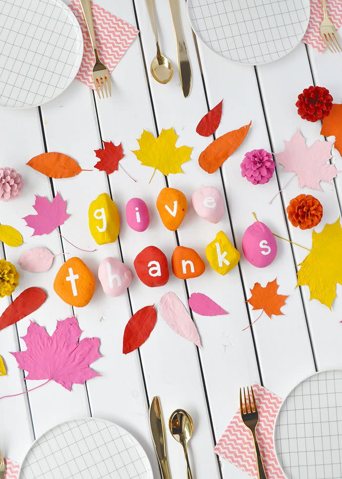 Painted Rocks and Leaves Thanksgiving Table