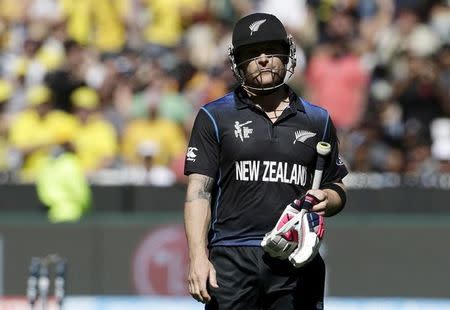 New Zealand's captain Brendon McCullum reacts as he walks off the field after being bowled for a duck by Australia's Mitchell Starc during their Cricket World Cup final match at the Melbourne Cricket Ground (MCG) March 29, 2015. REUTERS/Hamish Blair