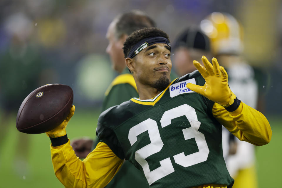 FILE - Green Bay Packers' cornerback Jaire Alexander is shown during NFL football training camp at Lambeau Field, Saturday, Aug. 7, 2021, in Green Bay, Wis. Green Bay Packers cornerback Jaire Alexander has agreed to terms on a four-year, $84 million contract extension with a $30 million signing bonus, a person familiar with the deal tells The Associated Press. (AP Photo/Matt Ludtke, File)