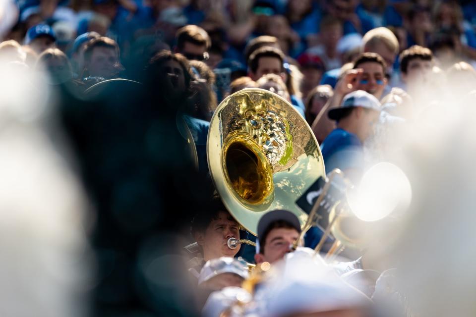 LaVell Edwards Stadium reflects in a Brigham Young University marching band member’s tuba during the game against the Southern Utah Thunderbirds in Provo on Saturday, Sept. 9, 2023. | Megan Nielsen, Deseret News