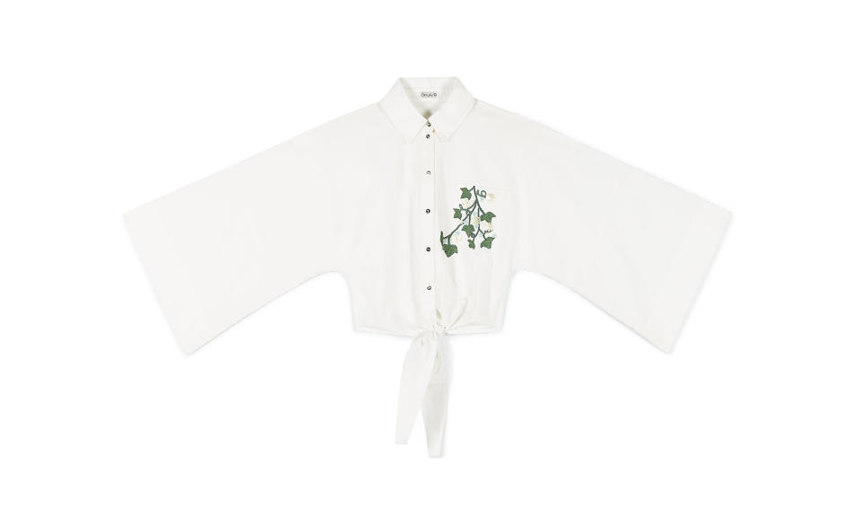 <p>Founded by Anne Deane and Jacob Park in 2013, the brand focuses on fashion-forward designs with an eco-conscious mind-set. This shirt is cut from Japanese organic cotton. <br><br>Ivy Embroidered Kimono Top, $390, <a rel="nofollow noopener" href="https://www.ohlin-d.com/products/ivy-embroidered-kimono-top" target="_blank" data-ylk="slk:ohlind.com" class="link ">ohlind.com</a> </p>