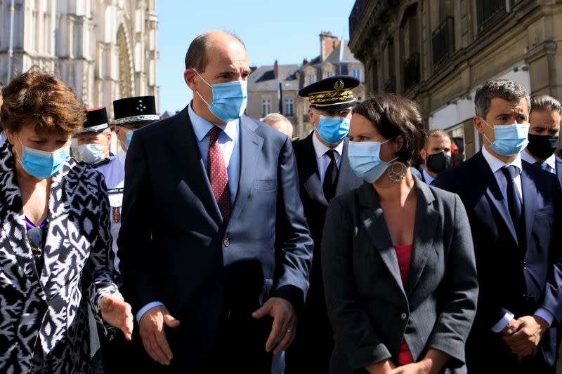 French Prime Minister Jean Castex meets firefighters after the blaze at the Cathedral of Saint Pierre and Saint Paul in Nantes