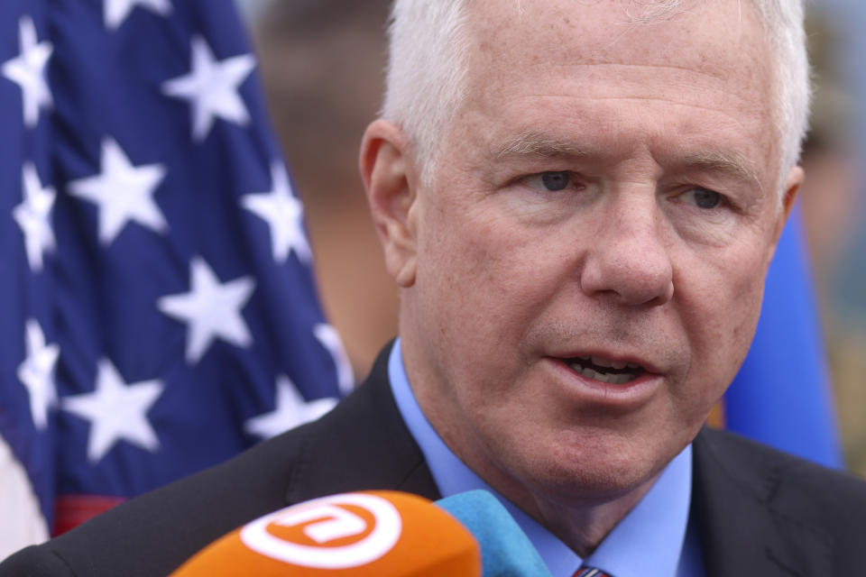 The United States Ambassador to Bosnia and Herzegovina Michael J. Murphy speaks to the media after the Air Force B-1B Lancer bomber flew over Sarajevo, Bosnia, Tuesday, May 30, 2023. The two B-1B Lancer aircraft are assigned to the 7th Bomb Wing currently operating out of RAF Fairford, United Kingdom, conducted a low approach flyby over Sarajevo and other cities of Bosnia and Herzegovina to underscore the United States' strong partnership with the Armed Forces of BiH and enduring commitment to Bosnia and Herzegovina's sovereignty, territorial integrity, and multiethnic character. (AP Photo/Armin Durgut)