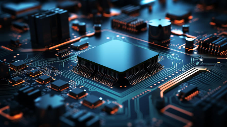 A closeup of a circuit board undergoing advanced testing and inspection.