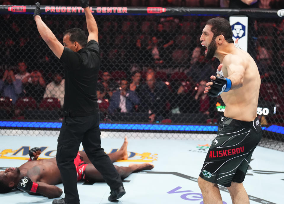 NEWARK, NEW JERSEY - MAY 06: Ikram Aliskerov of Russia reacts after his knockout victory over Phil Hawes in a middleweight fight during the UFC 288 event at Prudential Center on May 06, 2023 in Newark, New Jersey. (Photo by Chris Unger/Zuffa LLC via Getty Images)