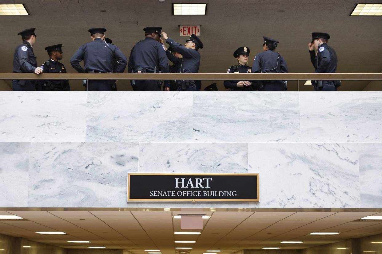 U.S. Capitol Police prepare for the confirmation hearings for Judge Ketanji Brown Jackson in the Hart Senate Office Building on Capitol Hill on March 21, 2022, in Washington, DC.