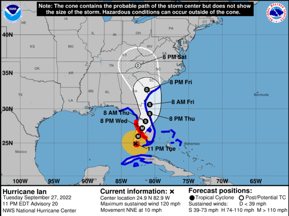 Projected path of Hurricane Ian as of 11 p.m. Tuesday, Sept. 27, 2022.